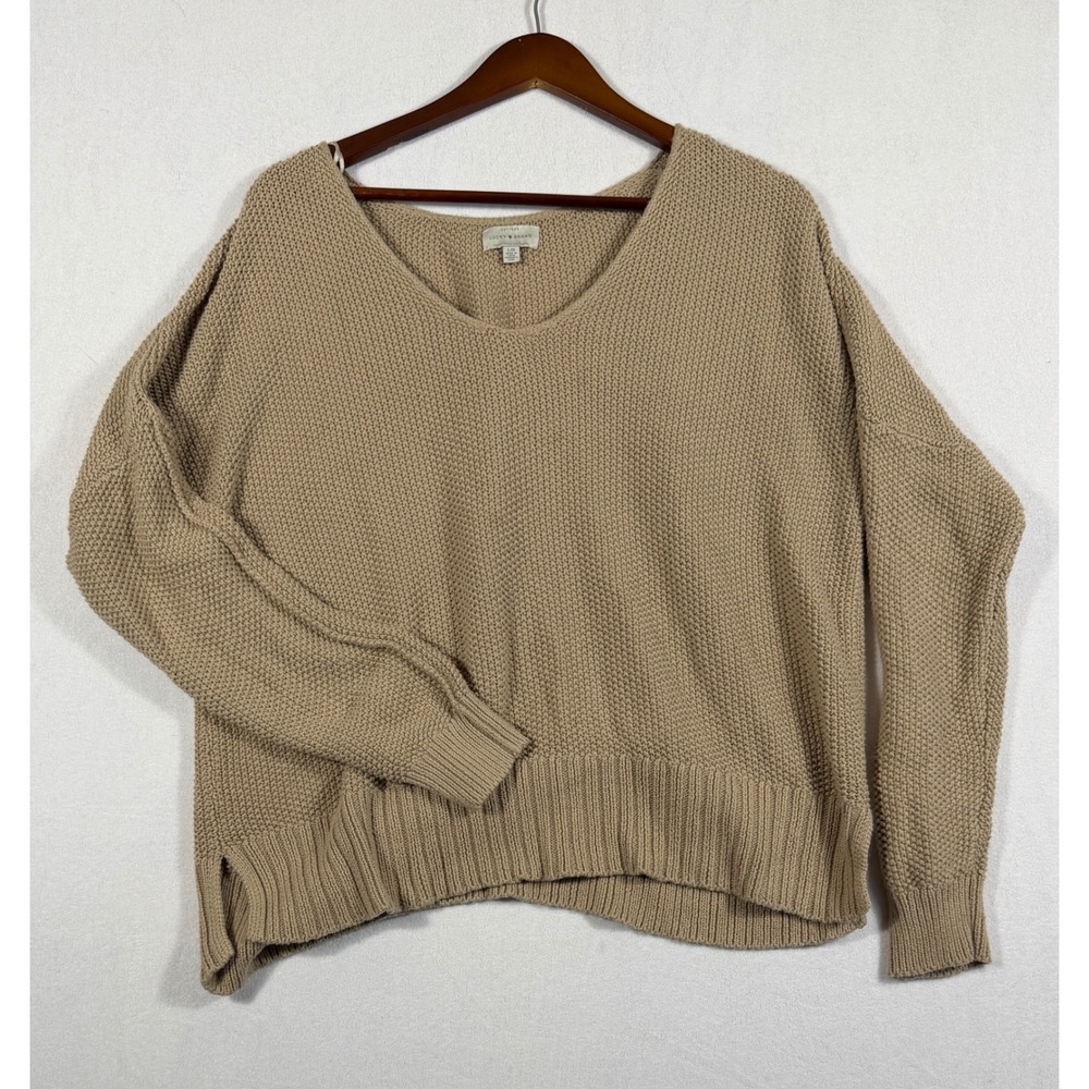 Lucky Brand Tan Khaki Shaker Knit V-Neck Sweater Large Cotton Blend Slouchy